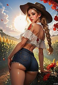 Digital Art of Young Woman in Cowboy Hat and Denim Shorts in Sunny Countryside