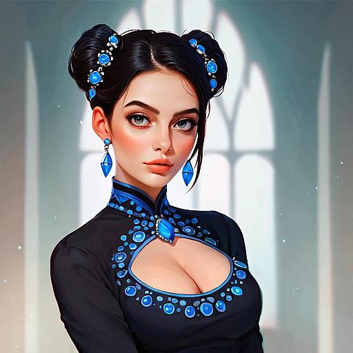 Digital Portrait of Elegant Woman with Blue Jewels and Black Dress
