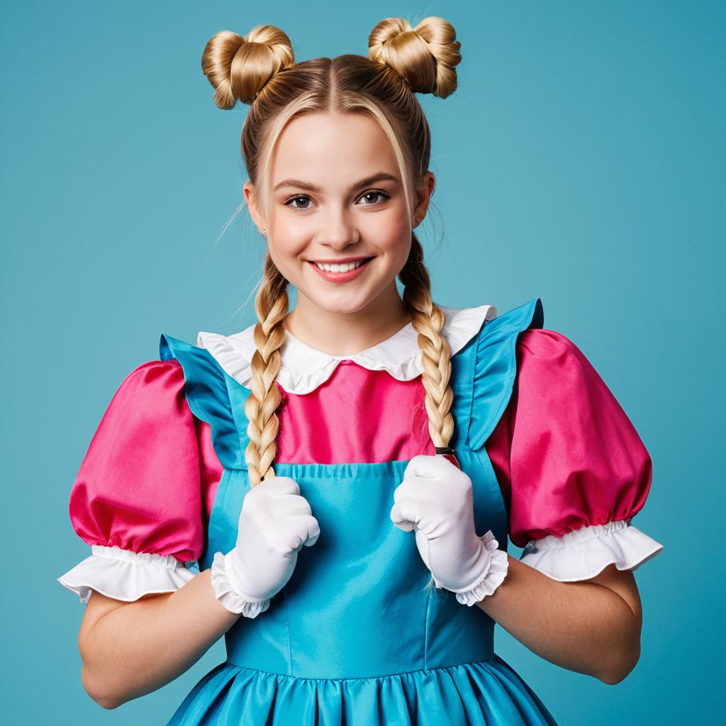Young Woman in JoJo Siwa Inspired Drama Costume with Blonde Braided Hair and Colorful Dress