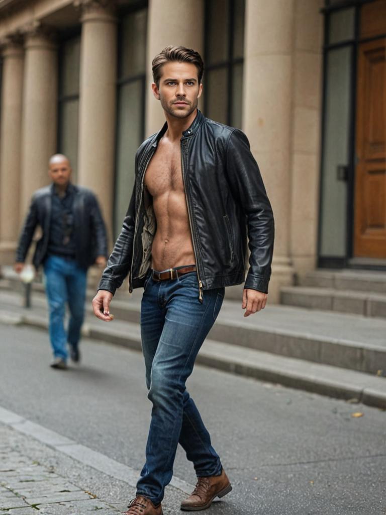 Confident man in stylish leather jacket on city street