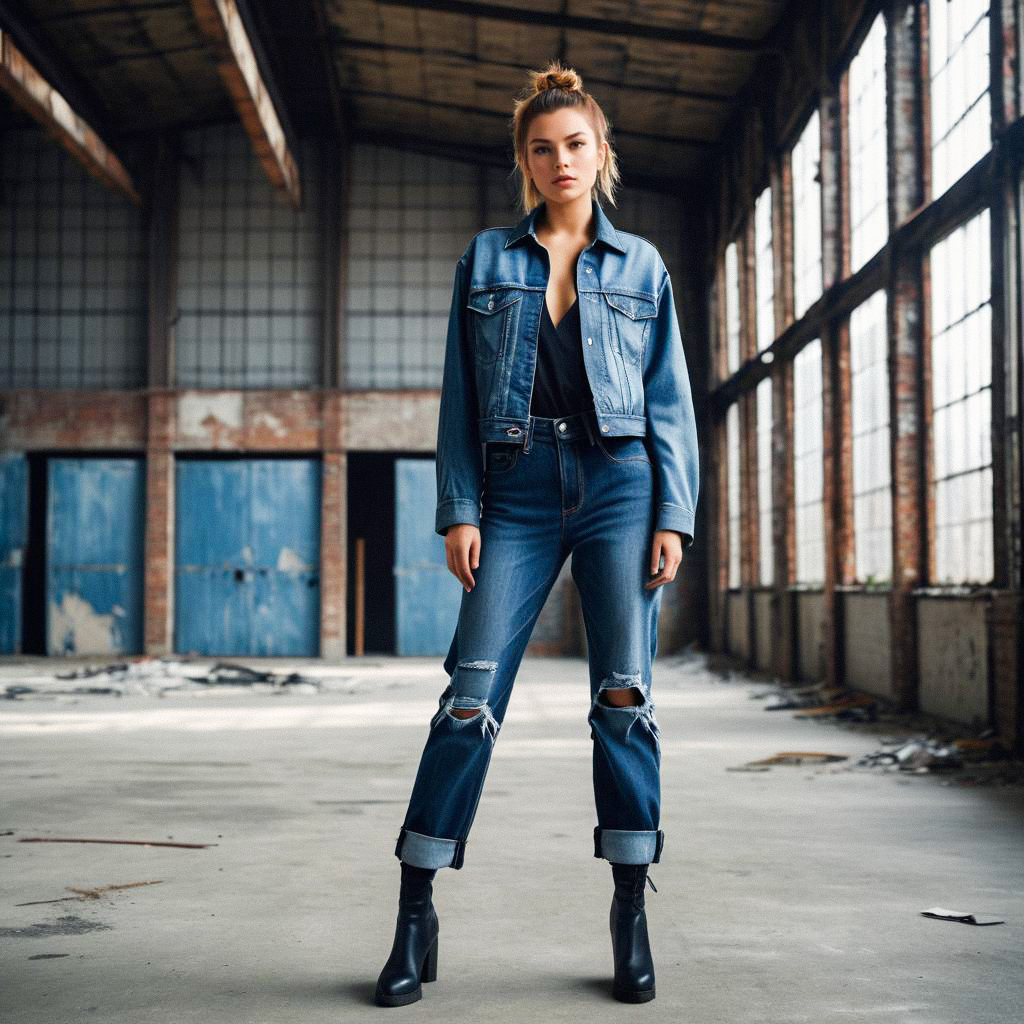 Stylish Woman in Denim in Abandoned Space