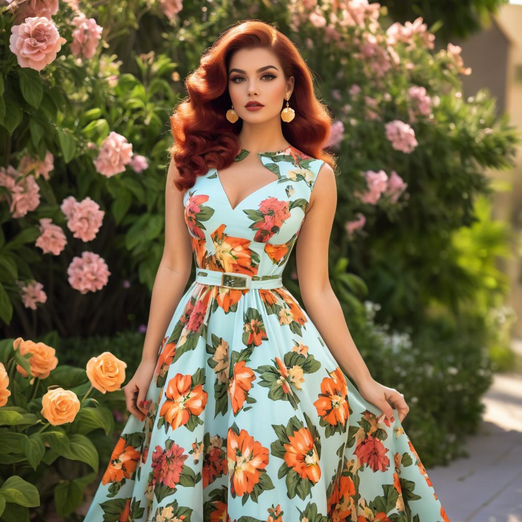 Beautiful Woman in Floral Dress Surrounded by Nature