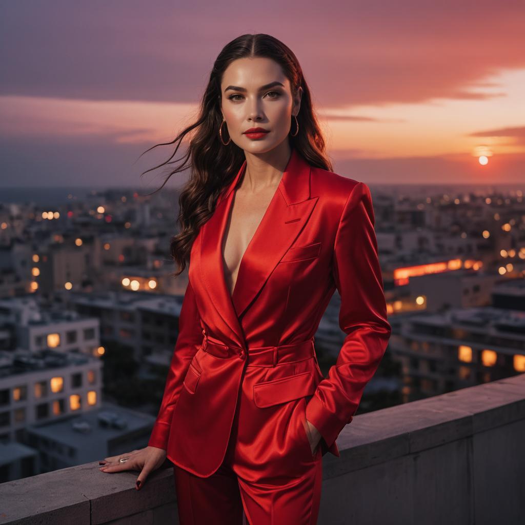 Elegant Woman in Red Satin Suit on Rooftop at Sunset Urban Cityscape