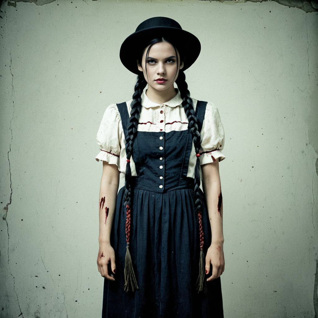 Gothic Woman in Vintage Dress with Blood Stains