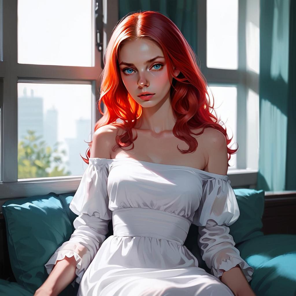 Young Woman with Red Hair in Elegant White Dress by Window