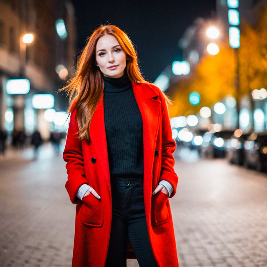 Confident Woman in Red Coat at Night