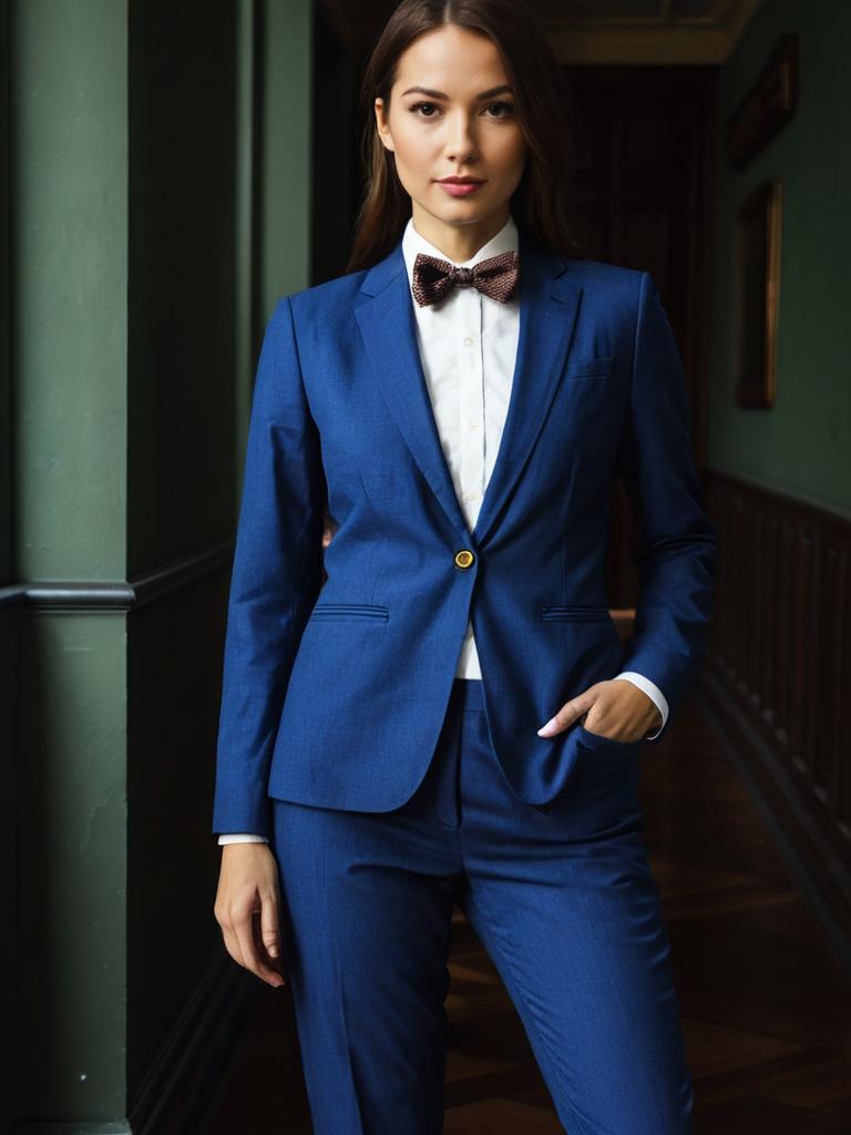 Woman in Blue Suit and Bow Tie Standing in Formal Interior