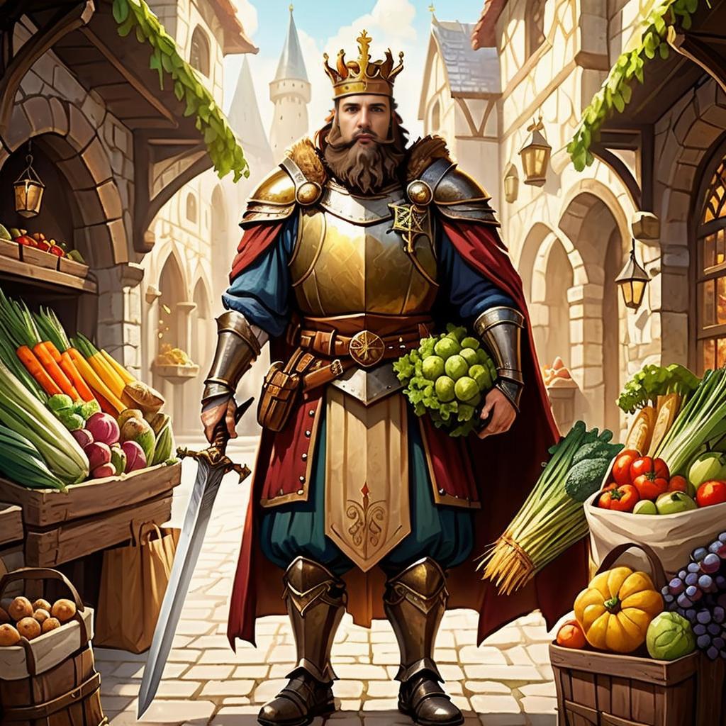 Medieval King in Armor Holding Fruits in Vibrant Village Market Fantasy Illustration