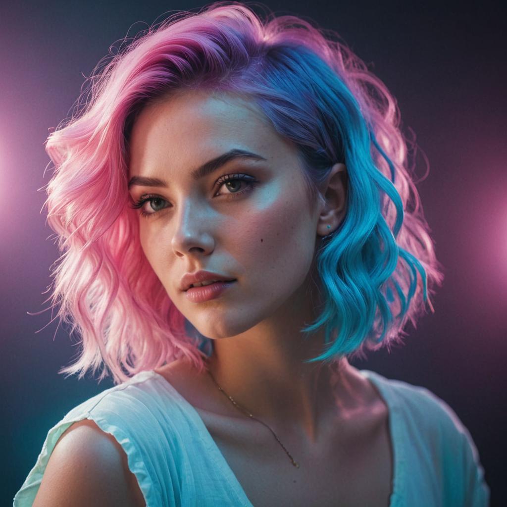 Dramatic Backlighting of Young Woman with Pink and Blue Hair