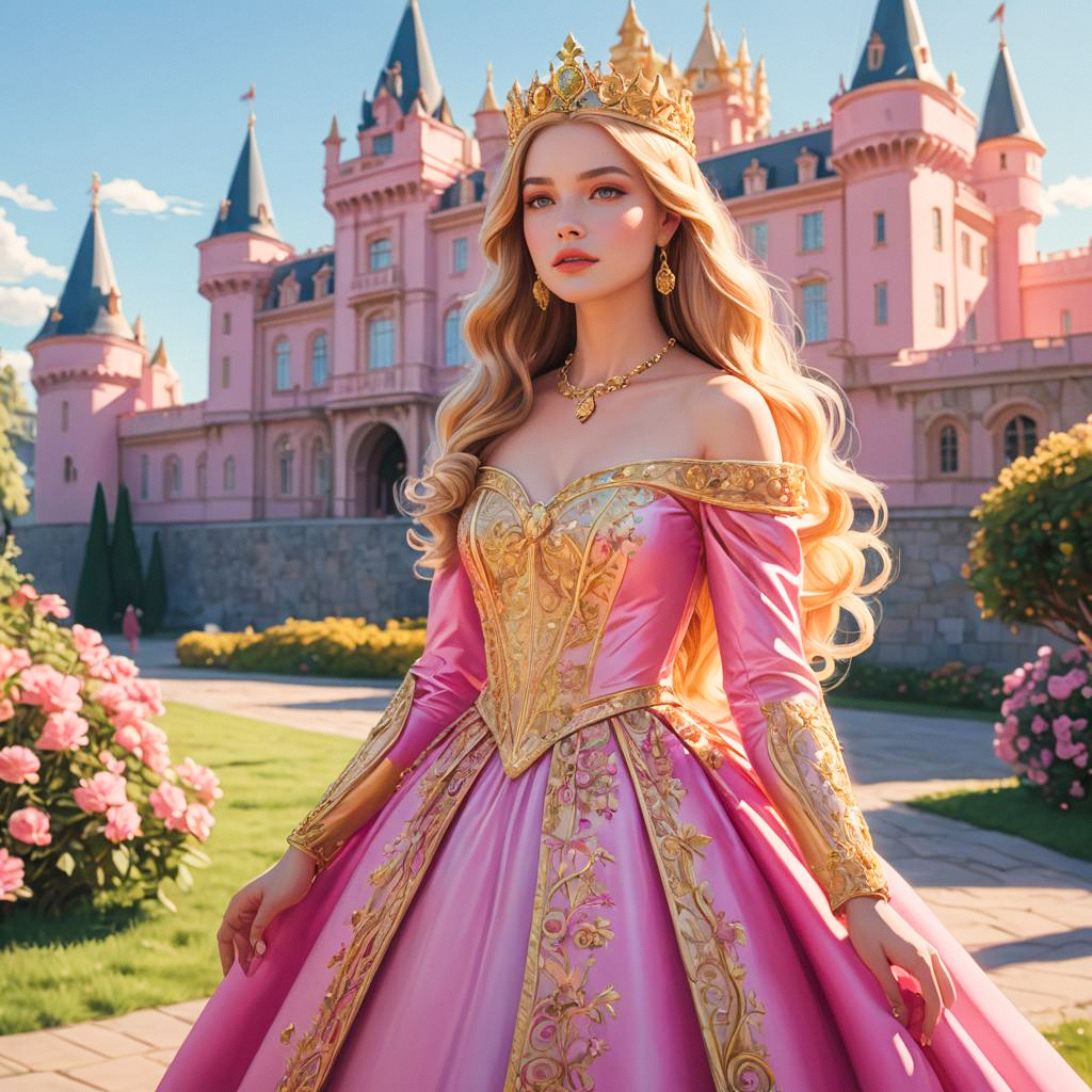 Regal Woman in Pink and Gold Gown at Fairytale Castle
