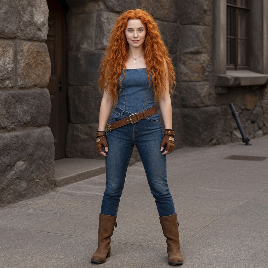 Confident Woman in Denim Jumpsuit with Red Curly Hair in Urban Rustic Setting