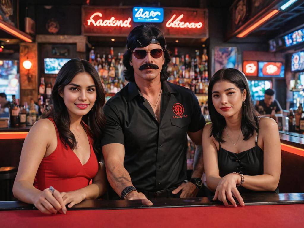 Artistic selfie of a man with mustache and glasses with two women at a Thai bar