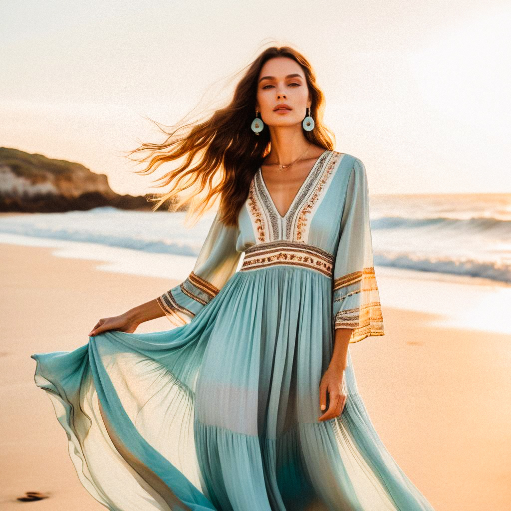 Serene Beach Scene with Woman in Blue Dress Serene Beach Scene with Woman in Blue Dress