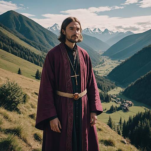 Man in Traditional Robe Standing on Mountain Overlooking Valley