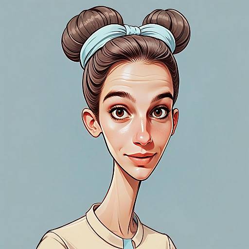Stylized Digital Portrait of Young Woman with Hair Buns and Blue Headband