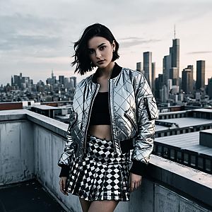 Urban Fashion Portrait of Woman in Silver Bomber Jacket with City Skyline