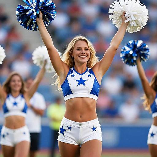 Cheerleader in Blue and White Star Uniform Performing at Sports Event