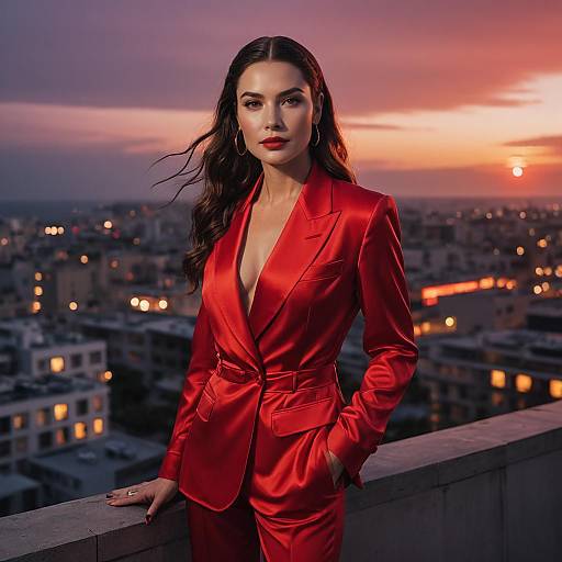 Elegant Woman in Red Satin Suit on Rooftop at Sunset Urban Cityscape