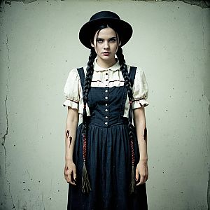 Gothic Woman in Vintage Dress with Blood Stains