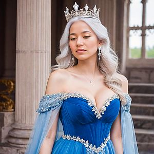 Elegant Woman in Royal Blue Gown with Silver Embroidery