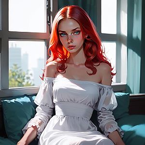 Young Woman with Red Hair in Elegant White Dress by Window