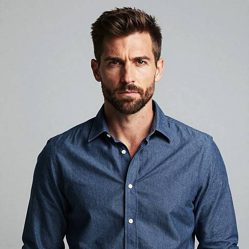 Portrait of Serious Man in Blue Shirt