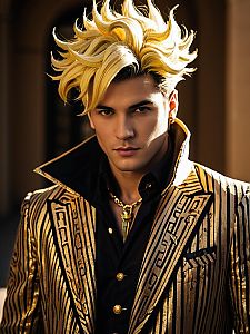 Man Cosplaying Sandman in Gold JoJo's Bizarre Adventure Costume