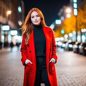 Confident Woman in Red Coat at Night