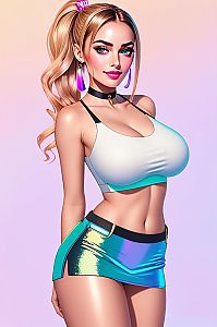 Stylish Young Woman in Sporty Crop Top and Iridescent Mini Skirt Digital Art