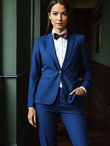 Woman in Blue Suit and Bow Tie Standing in Formal Interior