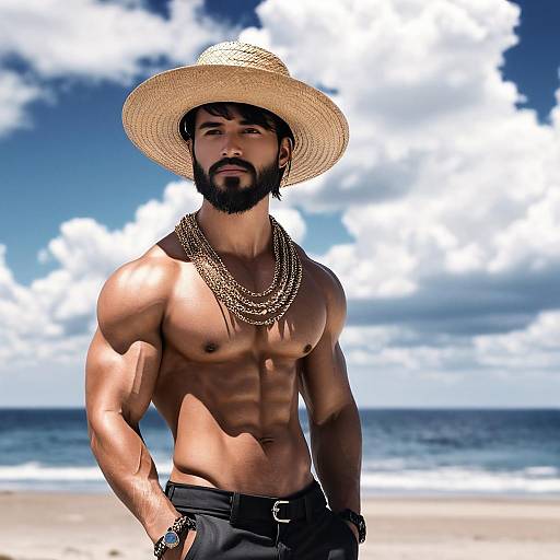 Muscular Man with Straw Hat and Gold Chains on Beach