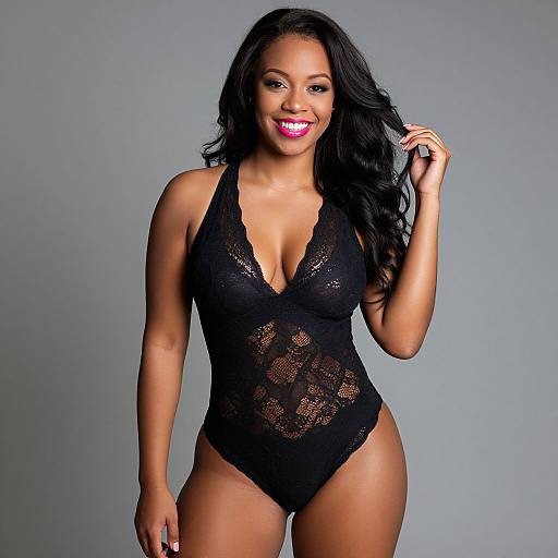 Confident Woman in Black Lace Bodysuit Fashion Portrait