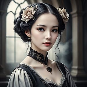 Victorian Woman with Braided Hair and Roses