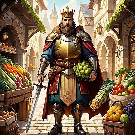 Medieval King in Armor Holding Fruits in Vibrant Village Market Fantasy Illustration