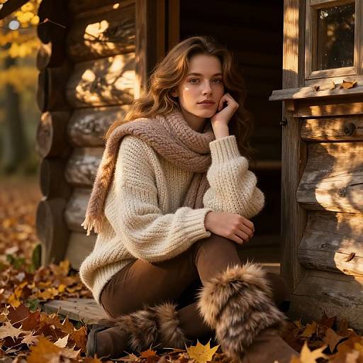 Young Woman in Cozy Autumn Outfit Sitting on Log Cabin Porch Surrounded by Fall Leaves