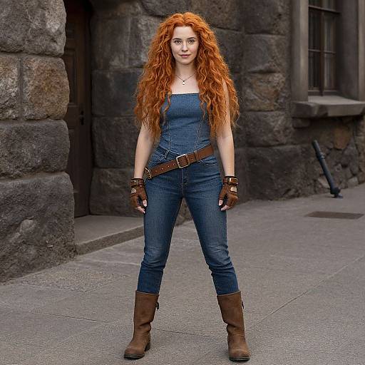 Confident Woman in Denim Jumpsuit with Red Curly Hair in Urban Rustic Setting