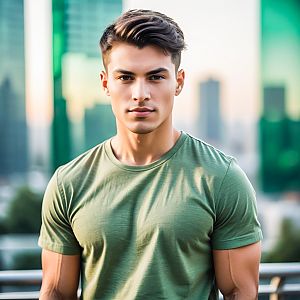 Young man in olive green t-shirt against cityscape