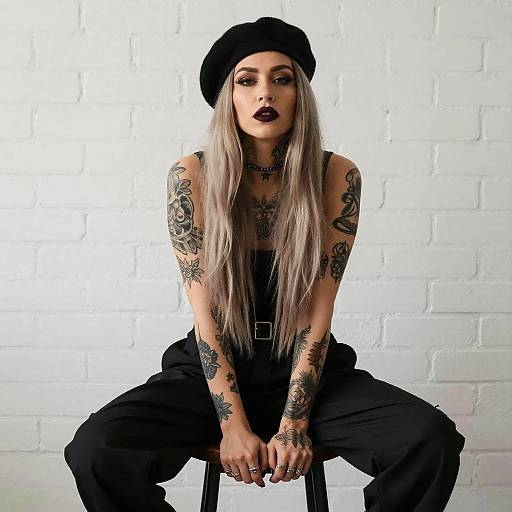 Tattooed Woman in Black Beret and Urban Fashion Sitting on Stool