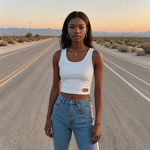Young Woman Standing on Desert Road at Sunset in Casual Outfit