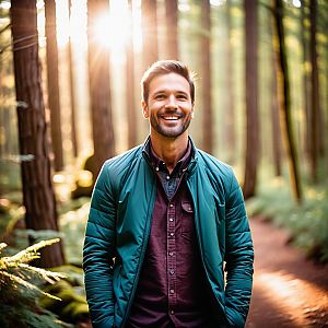 Cheerful man in teal jacket on forest trail