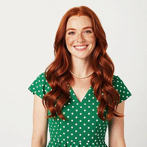 Smiling Woman Wearing Green Polka Dot Dress and Pearl Necklace