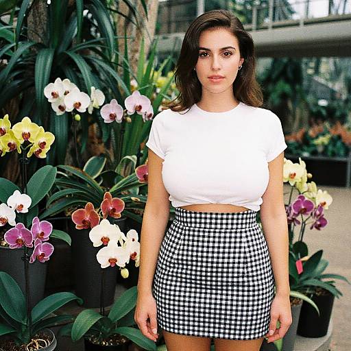 Woman with Pear-Shaped Body in Kodacolor Analog Film Style Among Orchids