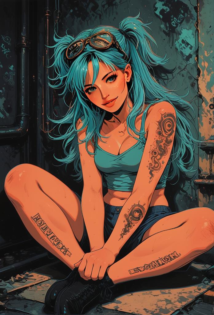 Cyberpunk Girl with Turquoise Hair and Tattoos Sitting in Industrial Setting