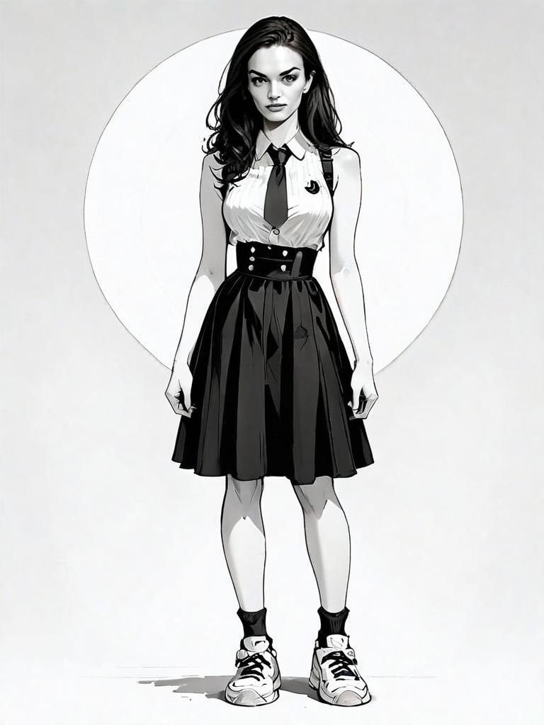 Realistic Black and White Illustration of Woman in Stylish Casual Outfit Full Body
