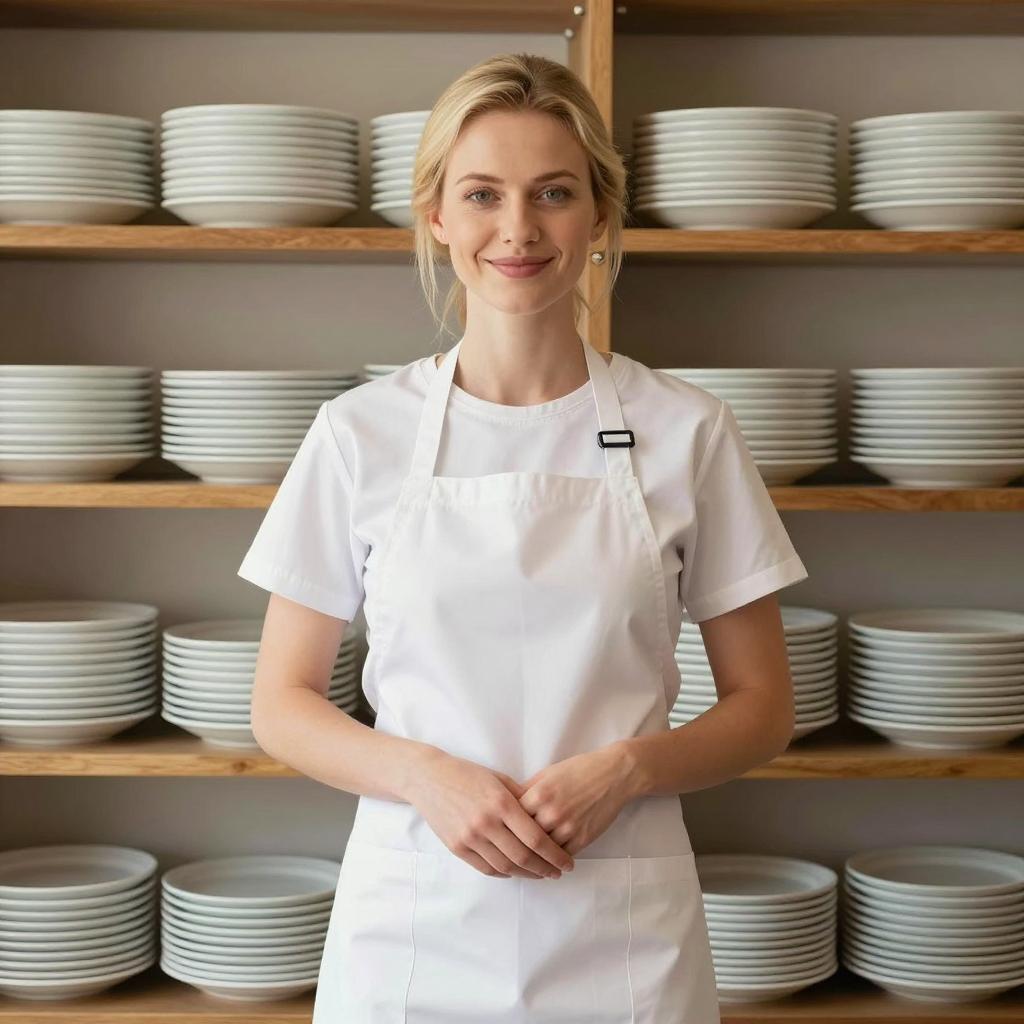 Smiling Woman in White Apron in Organized Kitchen with Stacked Plates