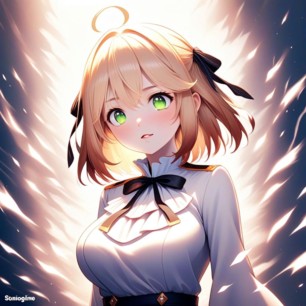 Anime Style Blonde Woman with Green Eyes in White Outfit