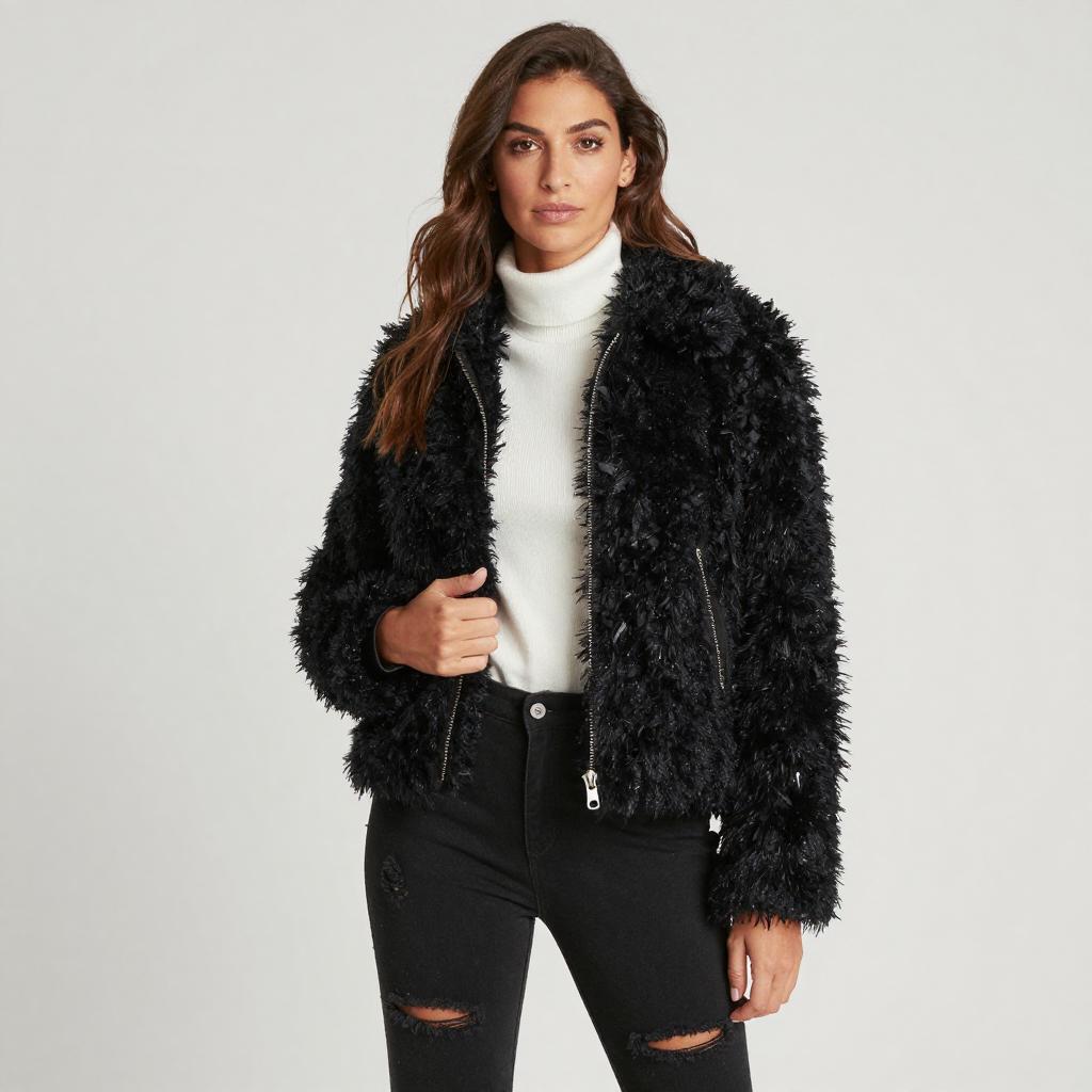 Trendy Woman Wearing Black Faux Fur Jacket and Ripped Jeans