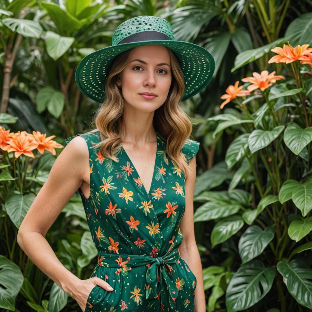 Woman in Green Floral Dress and Hat Against Green Foliage