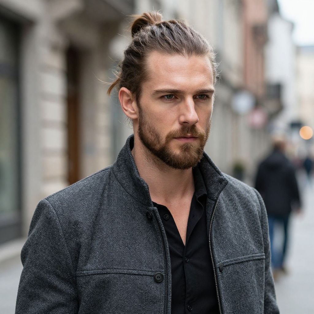 Stylish Bearded Man with Hair Bun in Urban Street Fashion