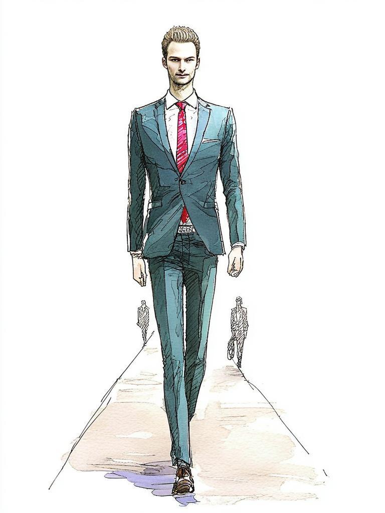 Stylish Man in Teal Suit on Runway